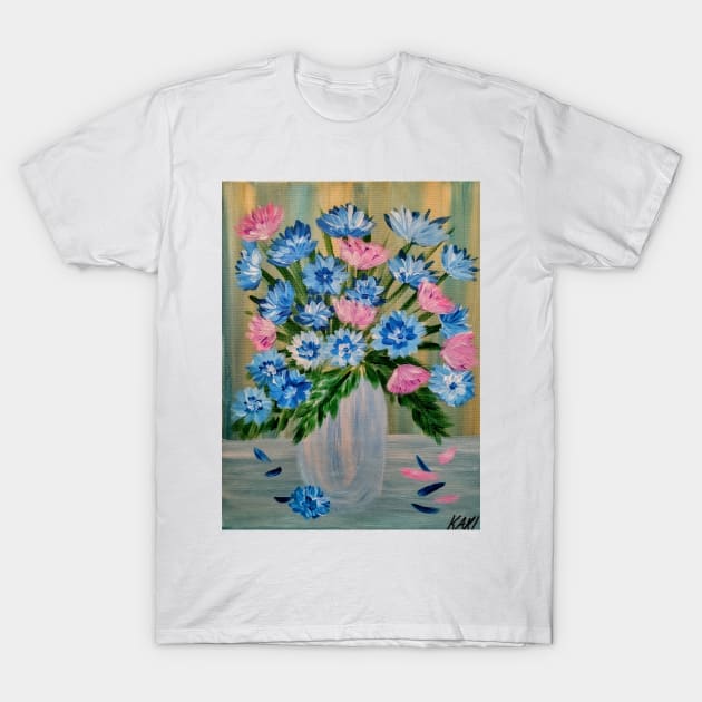 vibrant pink and blue bouquet of flowers in a silver and gold vase T-Shirt by kkartwork